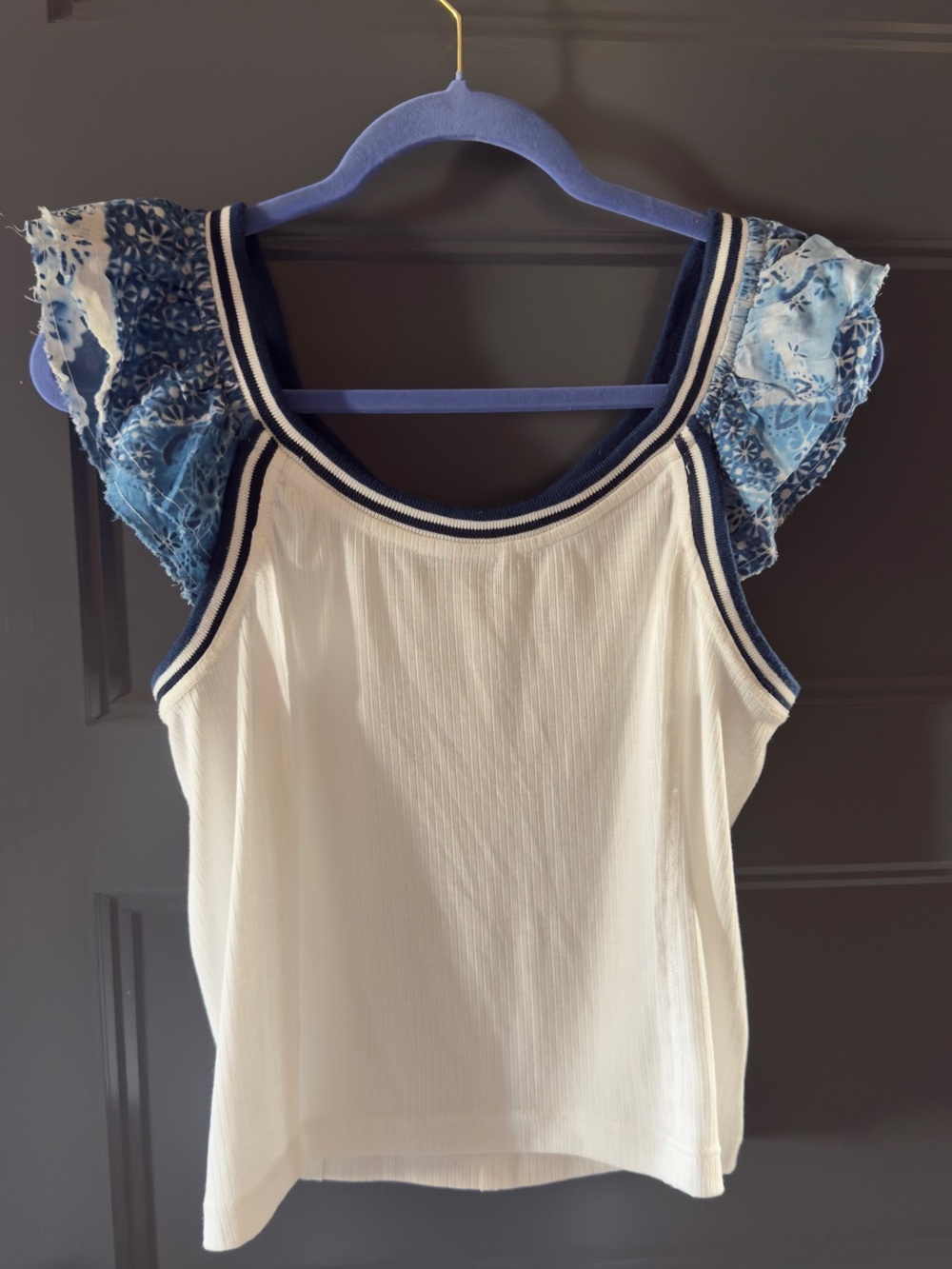 Pilcro White Ribbed Tank with Blue Lace Flutter Sleeves